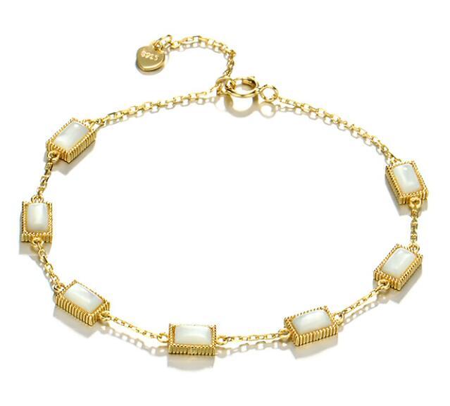Square white shell charm bracelet gold plated 925 sterling silver chain jewelry